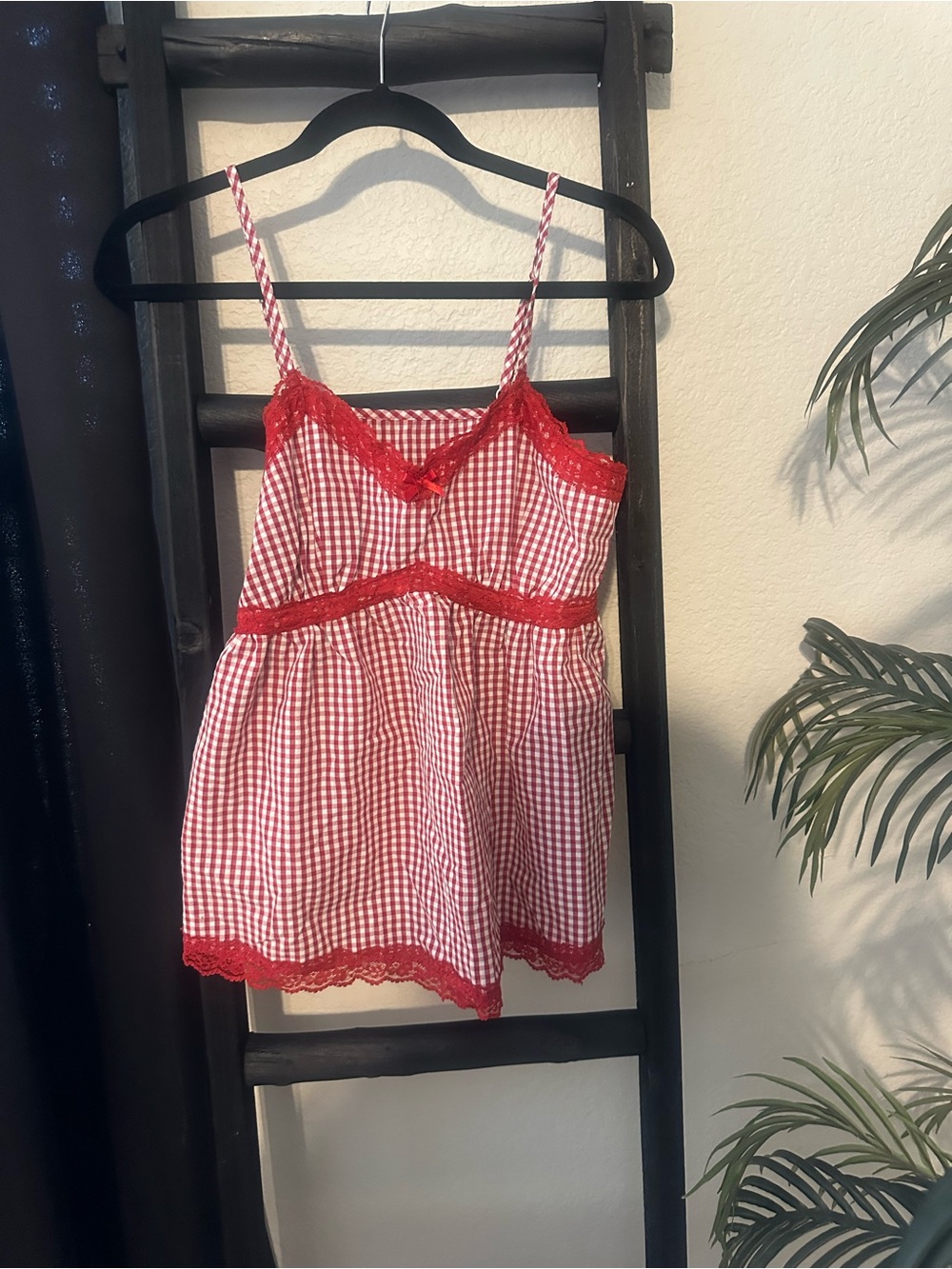 Source Unknown Red Gingham Lace Trim Chemise